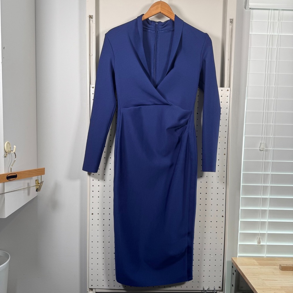 Bodycon Midi Dress Womens Royal Blue Long Sleeve Zip Back Formal Career - Medium